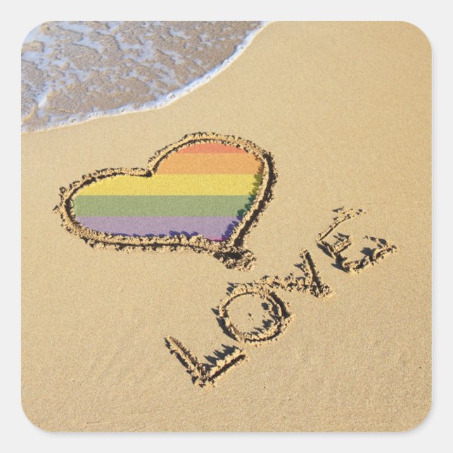 Pegatina Cuadrada Gay Rainbow Love Heart In the Sand (Anverso)