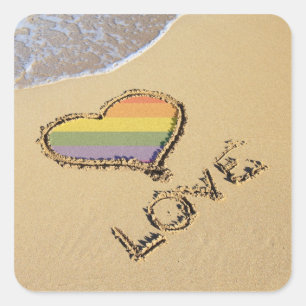 Pegatina Cuadrada Gay Rainbow Love Heart In the Sand