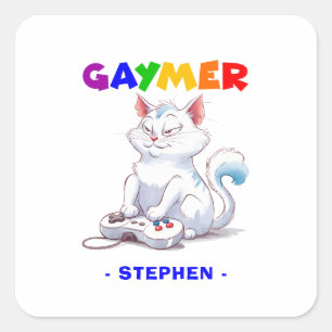 Pegatina Cuadrada Gaymer - Gato de juegos de arcoiris con consola   