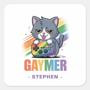 Pegatina Cuadrada Gaymer - Gato de juegos de arcoiris con consola   
