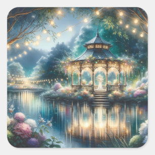 Pegatina Cuadrada Gazebo del Jardín Encantado Reflejo del Crepúsculo