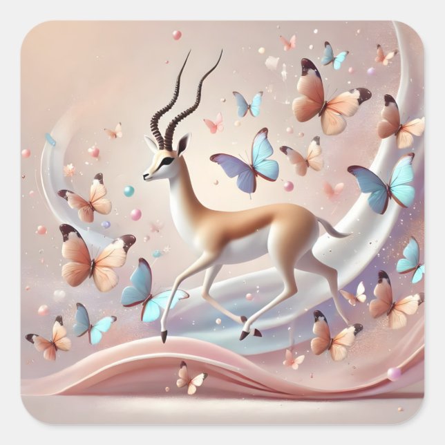 Pegatina Cuadrada Gazelle and Butterflies Fantasy Art (Anverso)