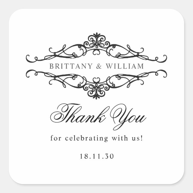 Pegatina Cuadrada [GAZELLE] Elegante Boda monocromo blanco y negro (Anverso)