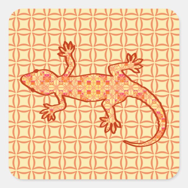 Pegatina Cuadrada Gecko de batik tribal - naranja de coral y luz (Anverso)