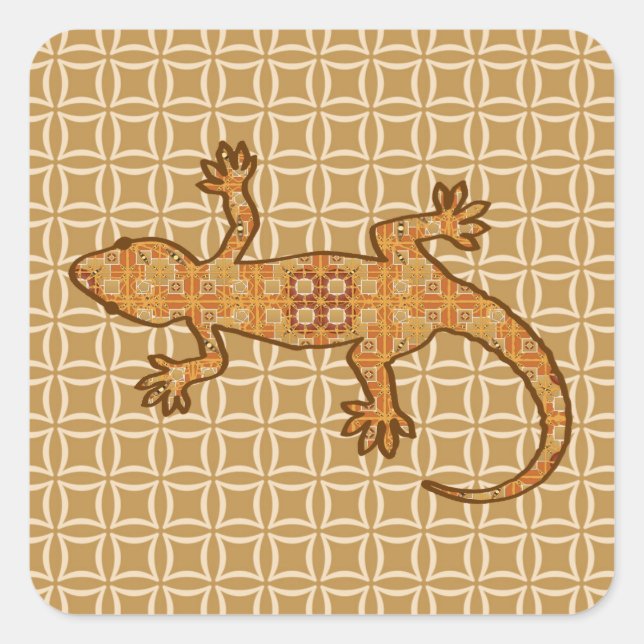 Pegatina Cuadrada Gecko de batik tribal - óxido, ámbar y bronceado (Anverso)