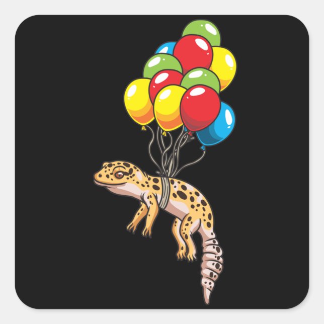 Pegatina Cuadrada Gecko leopardo con regalo de globos (Anverso)