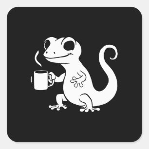 Pegatina Cuadrada gecko lindo sosteniendo una taza de café