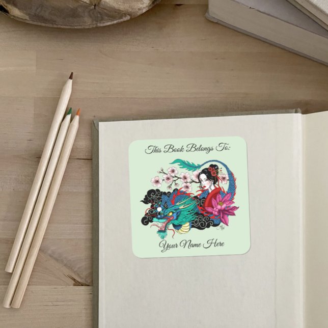 Pegatina Cuadrada Geisha asiática dragón flor de cerezo libro azul (Subido por el creador)