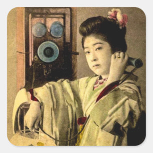 Pegatina Cuadrada Geisha haciendo una llamada nocturna a un amante s