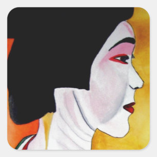 Pegatina Cuadrada Geisha japonesa con kimono verde arte original