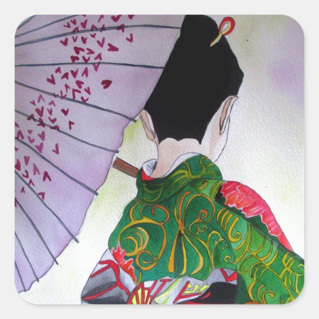 Pegatina Cuadrada Geisha japonesa con kimono y paraguas (Anverso)