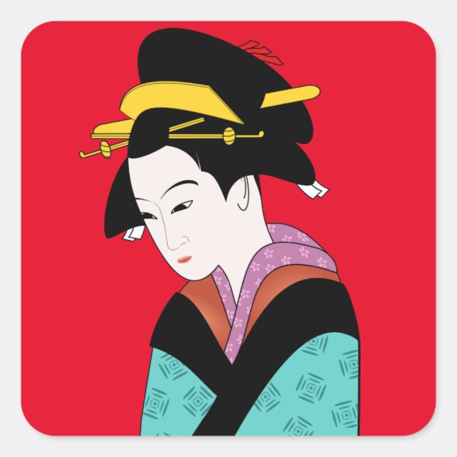 Pegatina Cuadrada Geisha kimono arte lindo (Anverso)
