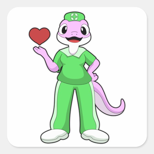 Pegatina Cuadrada Geko como enfermera con corazón (Anverso)