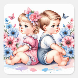 Pegatina Cuadrada Gemelos cute vintage   Niño y Chica