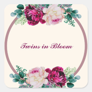 Pegatina Cuadrada Gemelos en Baby Shower en flor