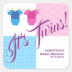 Pegatina Cuadrada Gemelos Fiesta de Baby Shower Chica Boy.