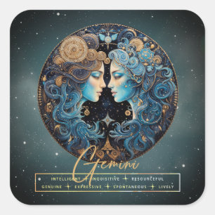 Pegatina Cuadrada Géminis Rótulo Sun Gemini de Astrología de Oro Neg