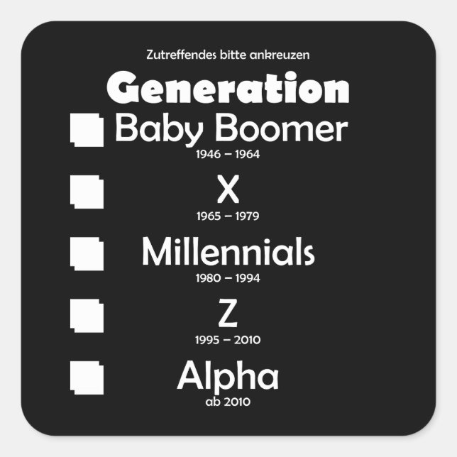 Pegatina Cuadrada Generationen Baby Boomer, X, Y, Millennials, Z, Al (Anverso)