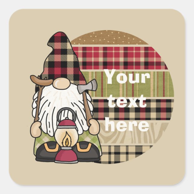 Pegatina Cuadrada genial camping gnome agregar texto (Anverso)