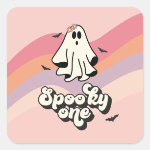 Pegatina Cuadrada Genial fantasma retro Halloween espeluznante cumpl