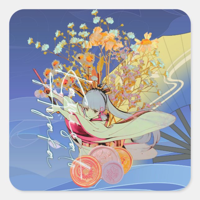 Pegatina Cuadrada Genshin Impact Kamisato Ayaka Flores Desenho Anime (Anverso)