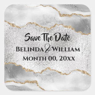 Pegatina Cuadrada Geoda falsa plata dorada agata blanca acuarela chi