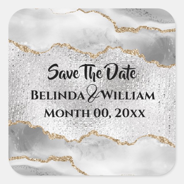 Pegatina Cuadrada Geoda falsa plata dorada agata blanca acuarela chi (Anverso)