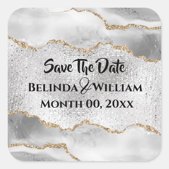 Pegatina Cuadrada Geoda falsa plata dorada aguamarina acuarela chic (Anverso)