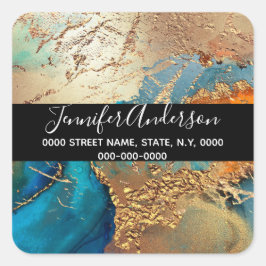 Pegatina Cuadrada Geode faux azul dorado púrpura moda de pavo real