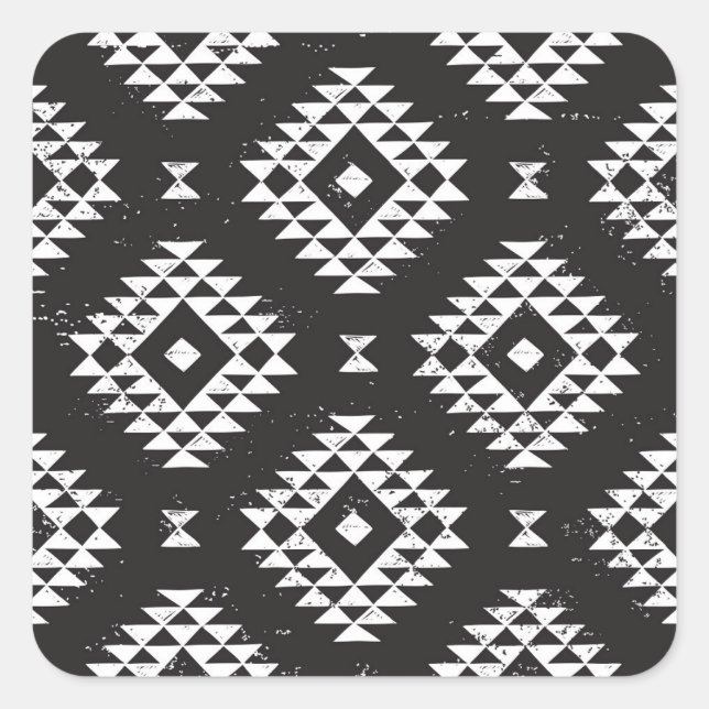 Pegatina Cuadrada Geométrica Navajo: Tribal Blanco Negro. (Anverso)