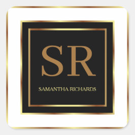 Pegatina Cuadrada Geométrico Monograma Blanco Y Oro Negro