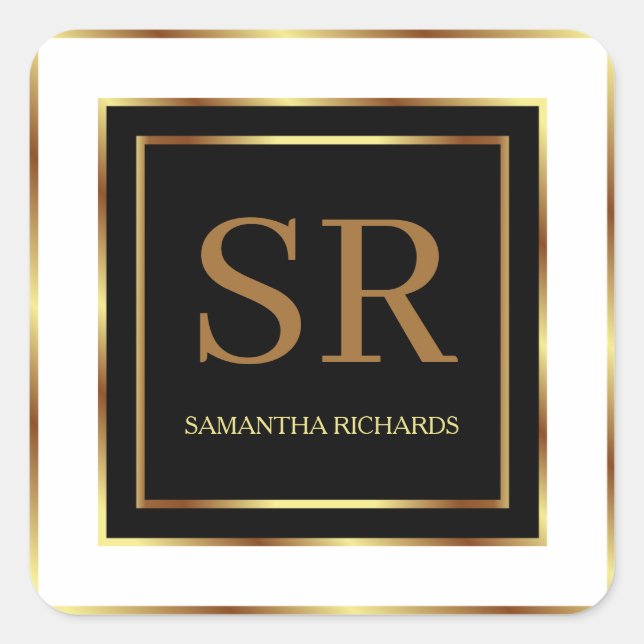 Pegatina Cuadrada Geométrico Monograma Blanco Y Oro Negro (Anverso)