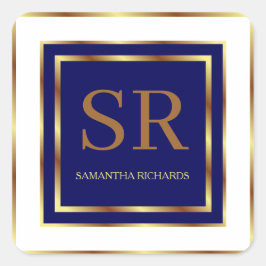 Pegatina Cuadrada Geométrico Real De Monograma Azul Y Oro