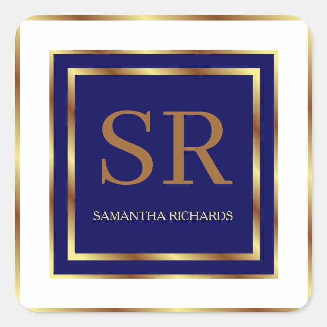 Pegatina Cuadrada Geométrico Real De Monograma Azul Y Oro (Anverso)