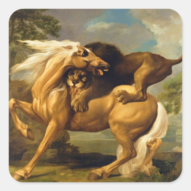 Pegatina Cuadrada George Stubbs | Un león atacando un caballo, c.176 (Anverso)
