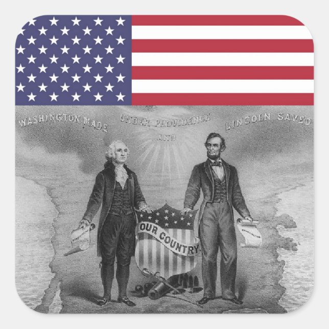 Pegatina Cuadrada George Washington Abraham Lincoln Bandera American (Anverso)