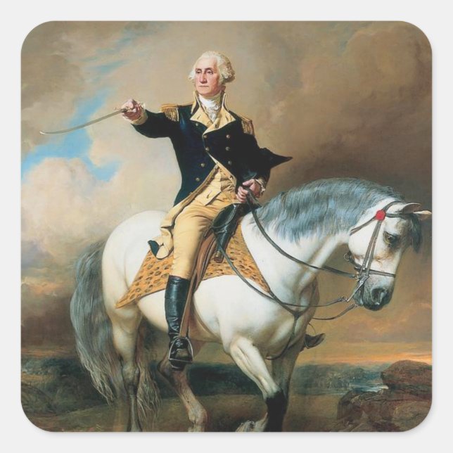 Pegatina Cuadrada George Washington Sacando El Saludo A Trenton (Anverso)