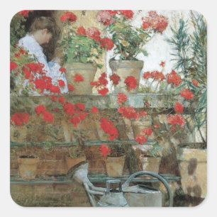 Pegatina Cuadrada Geranios de Childe Hassam, el impresionismo vintag