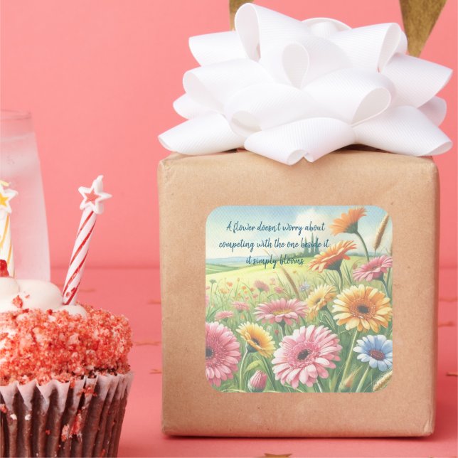 Pegatina Cuadrada Gerbera Daisy Field & Quote (Fiesta)
