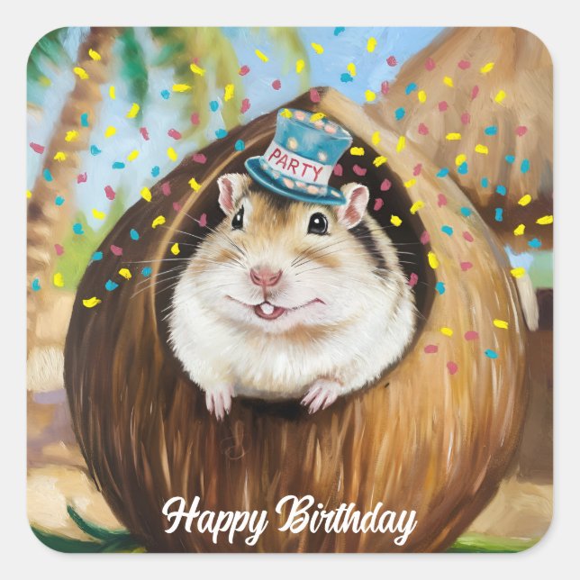 Pegatina Cuadrada Gerbil mongol en casa de coco (Anverso)