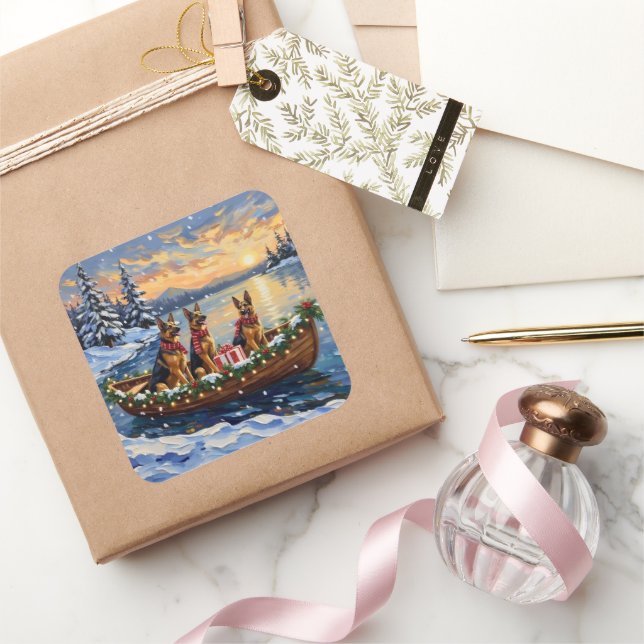 Pegatina Cuadrada German Shepherd Christmas Boat Holiday (Regalar)