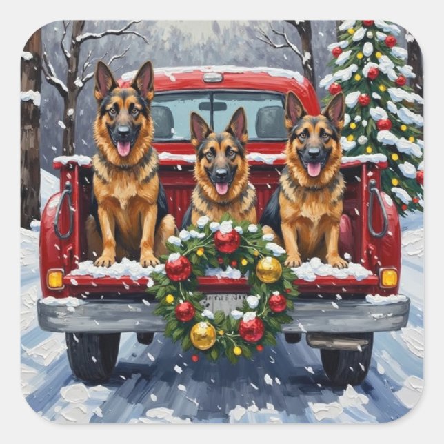 Pegatina Cuadrada German Shepherd Christmas Red Truck Holiday (Anverso)
