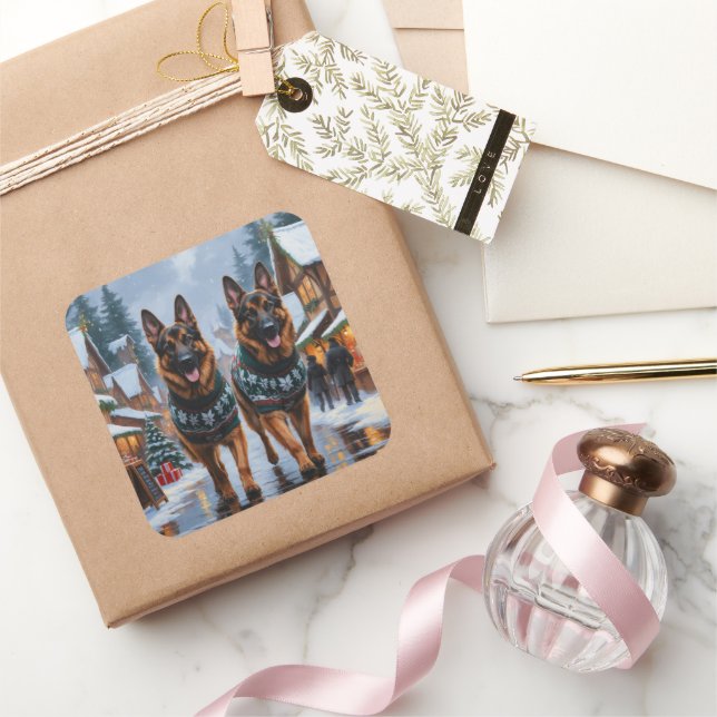 Pegatina Cuadrada German Shepherd Dogs Christmas Snow Holiday (Regalar)
