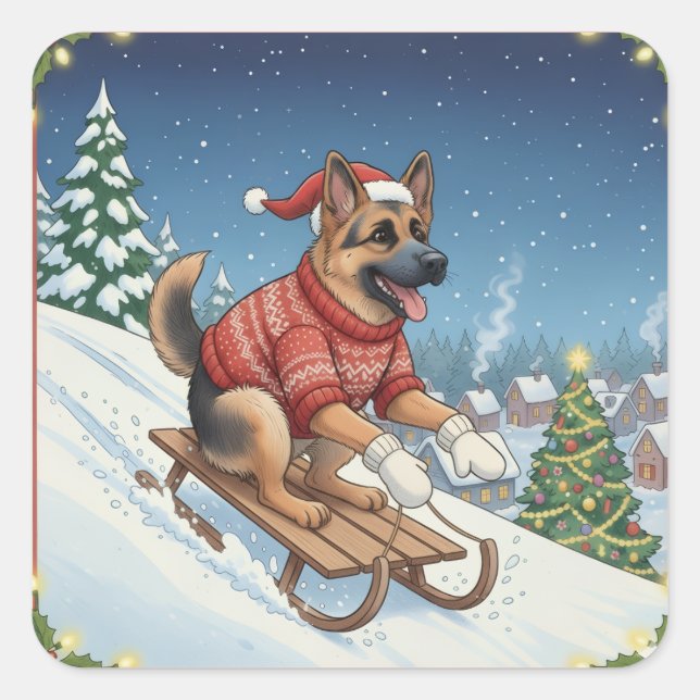 Pegatina Cuadrada German Shepherd Sledding, Christmas Stickers (Anverso)
