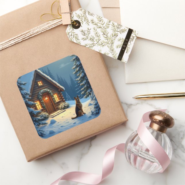 Pegatina Cuadrada German Shepherd Snowy Forest Cabin Christmas Paint (Regalar)