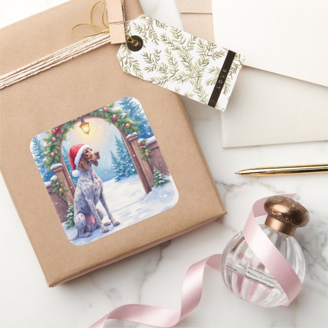 Pegatina Cuadrada German Shorthaired Pointer Snowy Gate Santa Hat (Regalar)