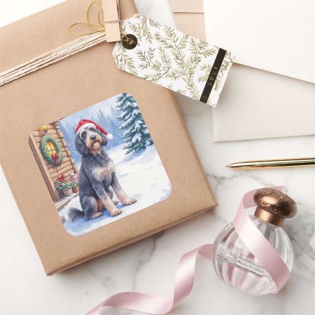 Pegatina Cuadrada German Wirehaired Pointer Snowy Lodge Santa Hat (Regalar)