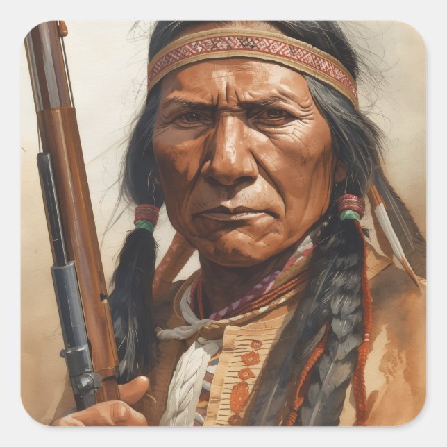 Pegatina Cuadrada Geronimo Indian Chief Warrior Portrait (Anverso)