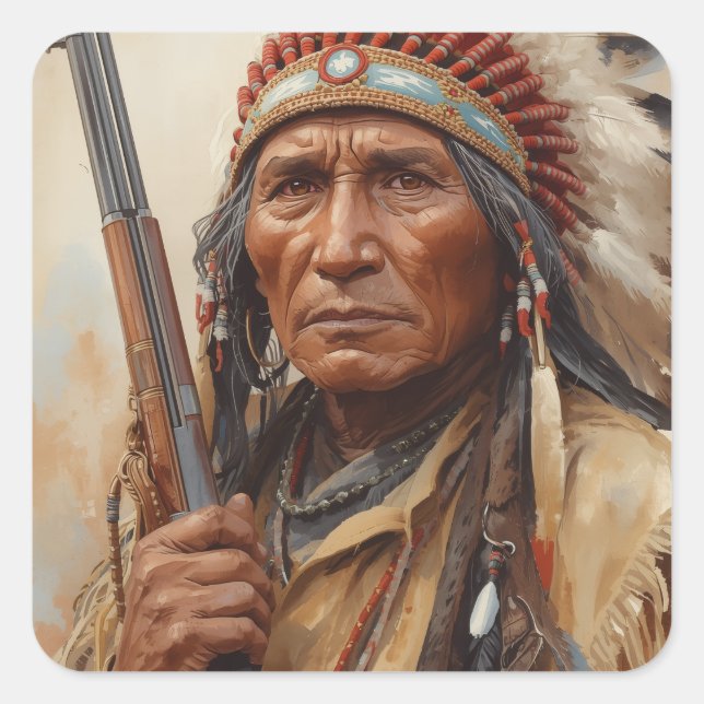 Pegatina Cuadrada Geronimo Indian Chief Warrior Portrait (Anverso)