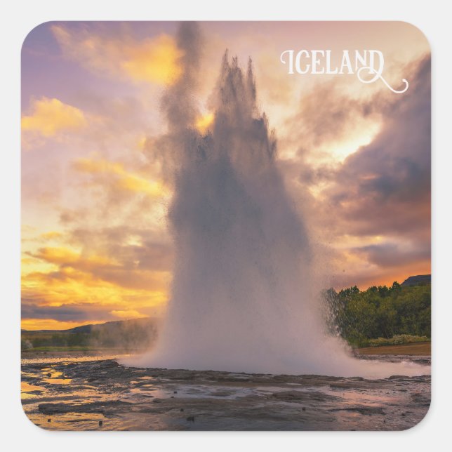 Pegatina Cuadrada Geyser de Islandia (Anverso)